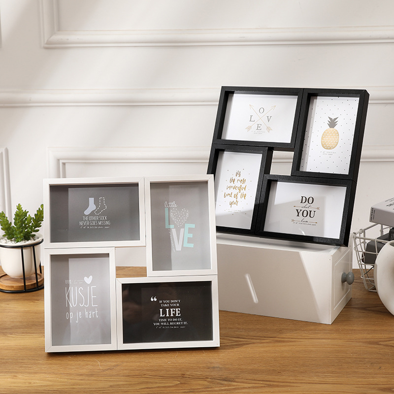 Creative 6inch Photo Frames, Tabletop Wooden Combination Photo Frame with 4 Grids, Nordic Style, Wall-Mounted Picture Frame Photo Wall