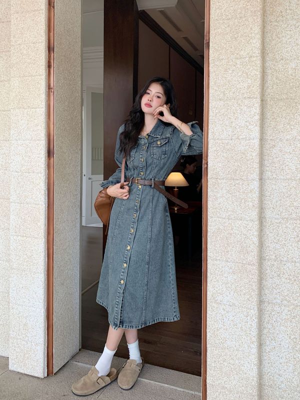 大码女装2025秋季新复古风牛仔连衣裙胖mm收腰遮肚显瘦中长款裙子|undefined