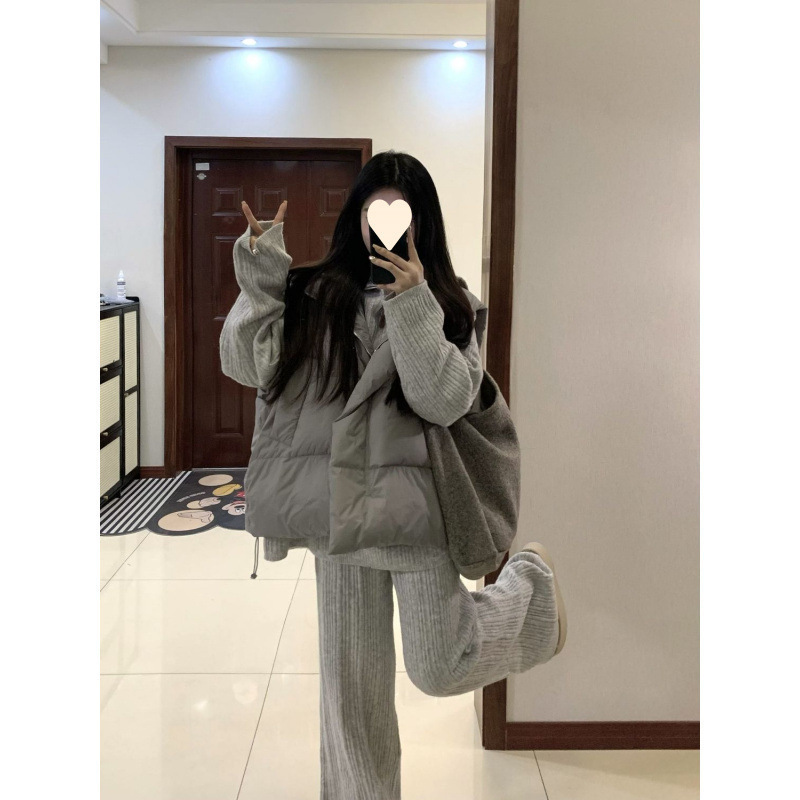 秋冬装搭配一整套女复古保暖棉服马甲外套叠穿针织毛衣长裤三件套|undefined