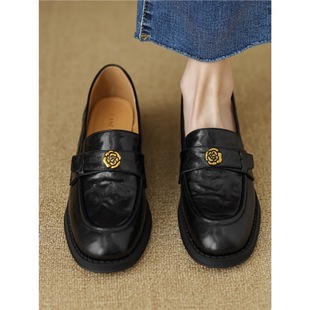 Super Soft Lambskin Black Camellia Loafers 2025 Spring & Fall New British Style One-Leg Thick-Soled Flats for Women