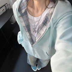 蓝色格子连帽卫衣女秋冬oversize加绒加厚外套宽松开衫慵懒风上衣