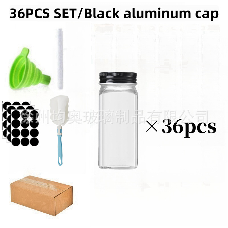 [검은색 알루미늄 캡 모델] 조미료병 36개 세트(마커, 스티커, 깔때기, 브러쉬 포함)