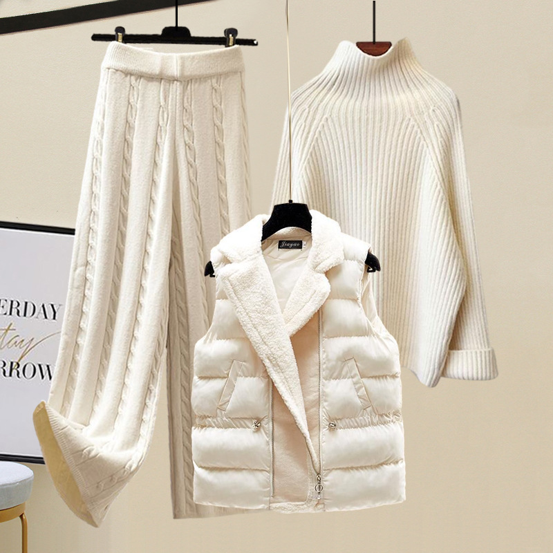 Women's Clothing style age reducing suit for women, lazy style sweater, wide leg pants, vest jacket, new style, street style three piece suit_voghion.com