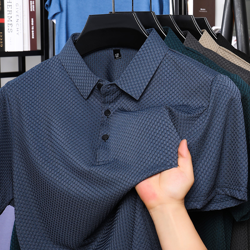 クロスボーダー新しい夏無地ルーズメンズラペル半袖通気性クールボーンフラワーTシャツカジュアルポロシャツ|undefined