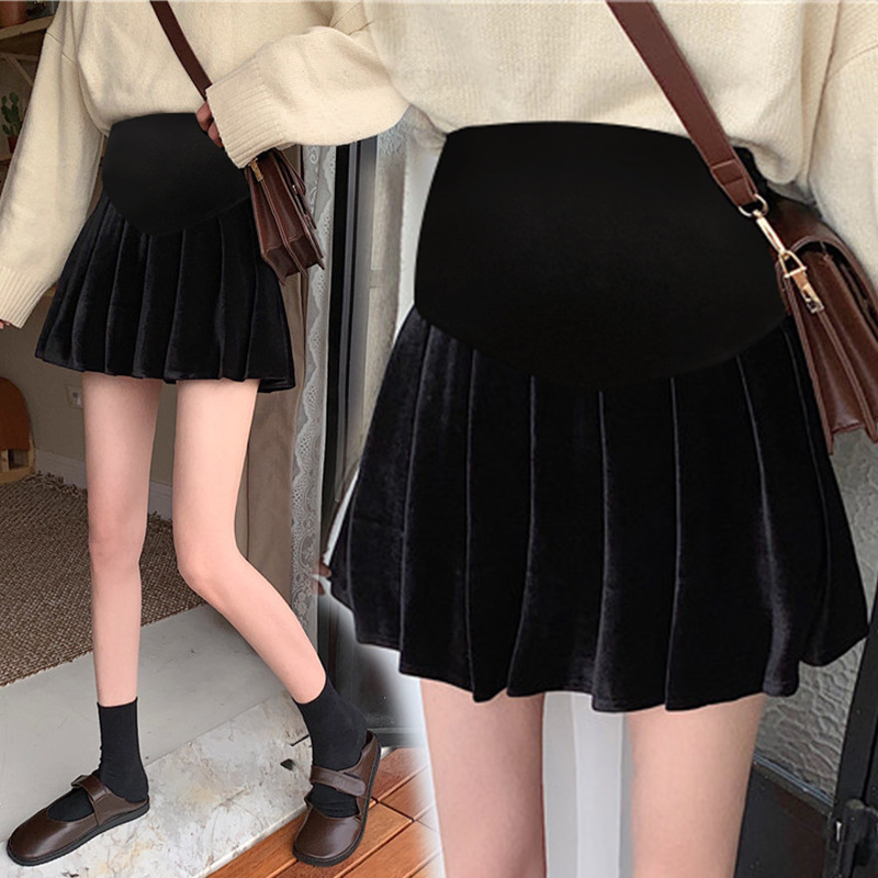 Pregnant women's autumn and winter fashion skirt pregnant women's gold velvet pleated A- line skirt belly support all-match skirt