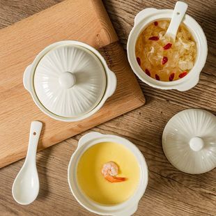 Japanese-Style Double-Handle Ceramic Stew Pot with Lid, Water-Sealed for Home Use, Suitable for Bird's Nest, Single-Serving, High-Temperature Resistant, for Steaming Eggs and Fish Maw Soup