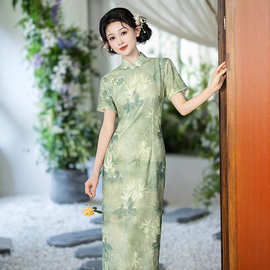 双鲤锦2026夏季单层印花网纱改良绿色短袖小清新旗袍修身连衣裙