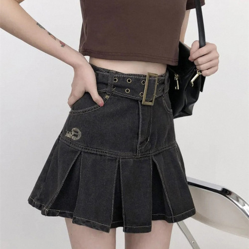 Jeans mini skirts for women girls High Waist short Pleated Skirts belt pleated A-line above knee length skirt