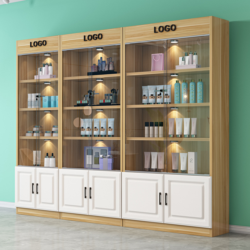 化妆品展示柜简约现代多层展柜带玻璃门货柜陈列柜美容院产品货架