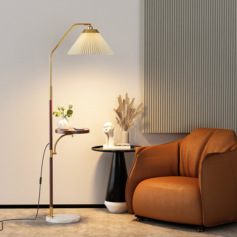 American Pleated Floor Lamp Living Room Sofa Side Solid Wood ins Style Bedroom Nightstand Coffee Table Study Vertical Table Lamp