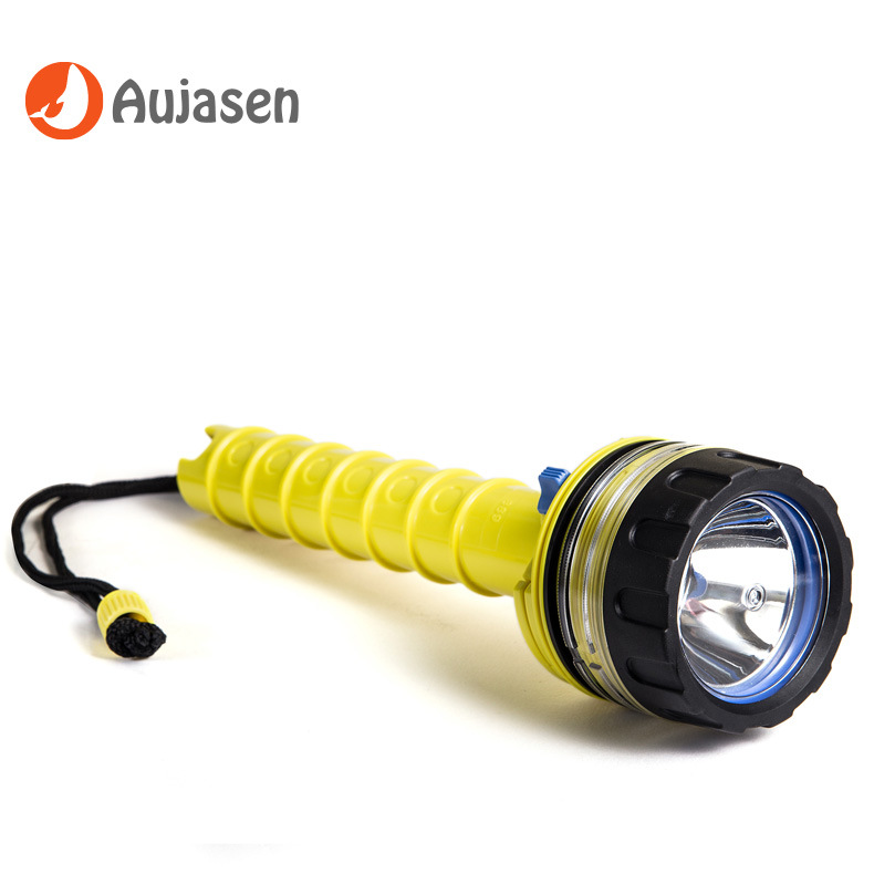 Aojia Sheng Fabricante directo de linternas impermeables para buceo profundo. Luz LED de alta intensidad y largo alcance para salvamento.