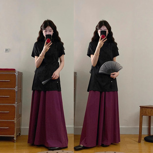 plus size Women's New Chinese Style National Style Tight Waist Slimming Button Top High Waist Loose Wide-leg Pants Two-piece Set