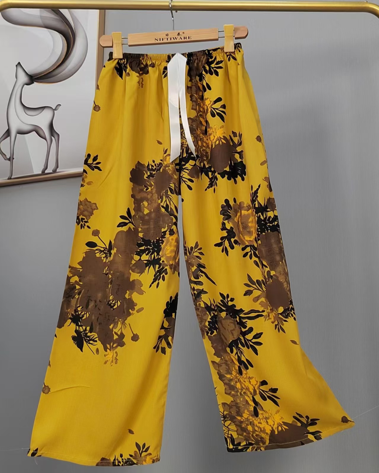 Pijama de seda de algodón para mujer, pantalones anchos de mujer embarazada de seda de algodón con estampado fino de verano