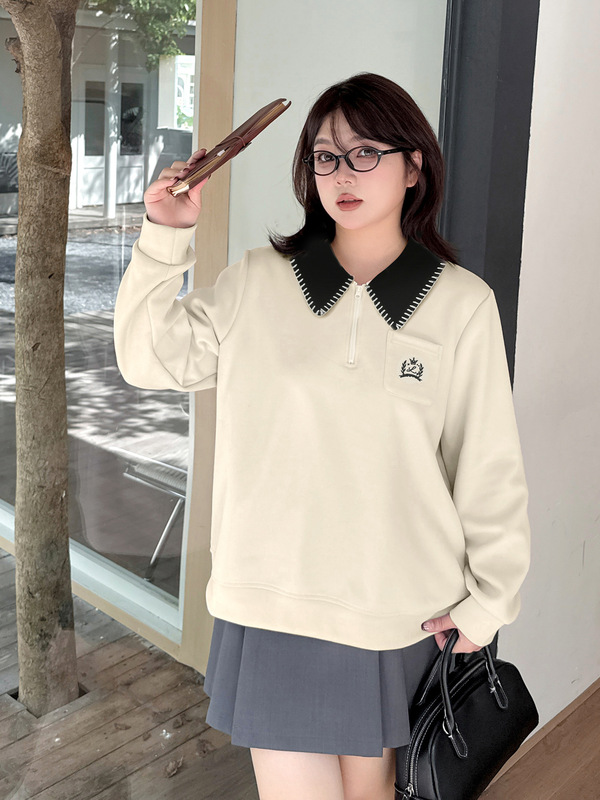 伊诺大码女装韩版polo领卫衣2025秋新款设计感半拉链上衣333297|undefined