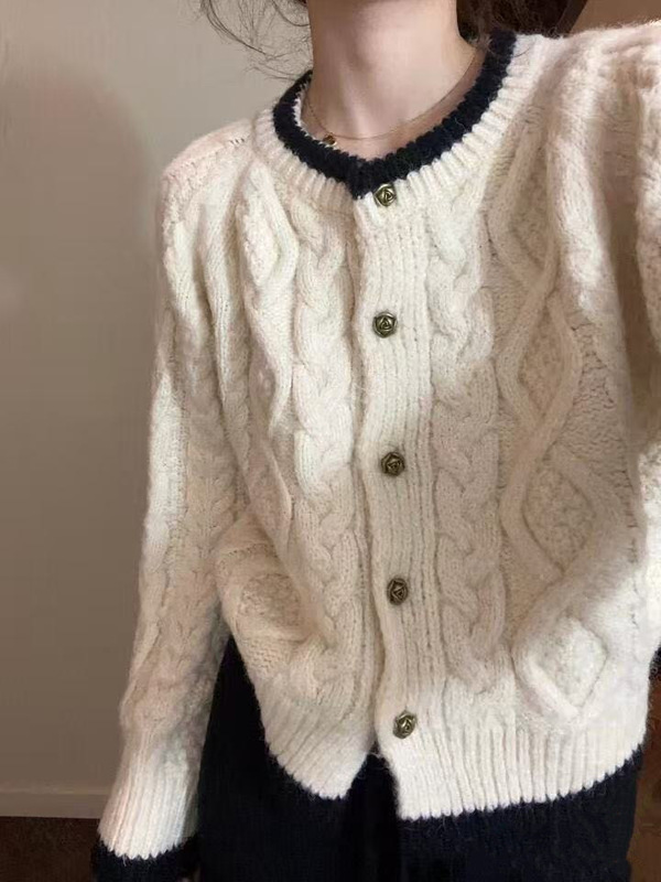奶蓝色浣熊绒麻花圆领毛衣外套女秋冬慵懒小个子短款针织开衫|undefined