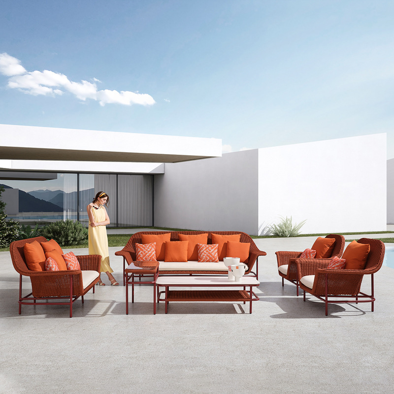 Rattan chair, red sunroom sofa, leisure courtyard open-air coffee table set, outdoor wine sun sofa chair, courtyard rattan sofa for relaxation