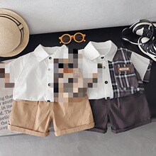 婴儿衣服2026格子拼接小孩夏季休闲衬衫1岁3男宝宝童装短袖两件套