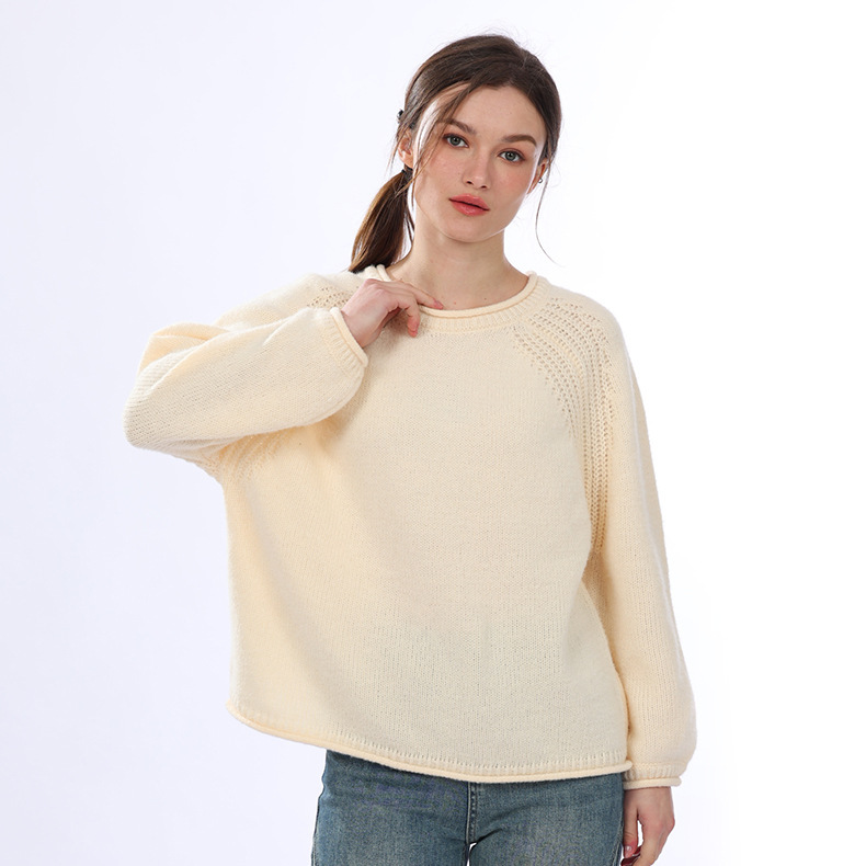 Yellow Knit Sweater for Petite Women, Pullover, Autumn, Chunky Knit, Round Neck, Slimming, Long Sleeve, Artistic, Vintage