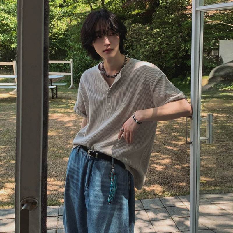 MYQ Генри воротник футболка с короткими рукавами мужская летняя свободная повседневная футболка с половиной рукавов корейский стиль рабочая одежда модный стиль старых денег