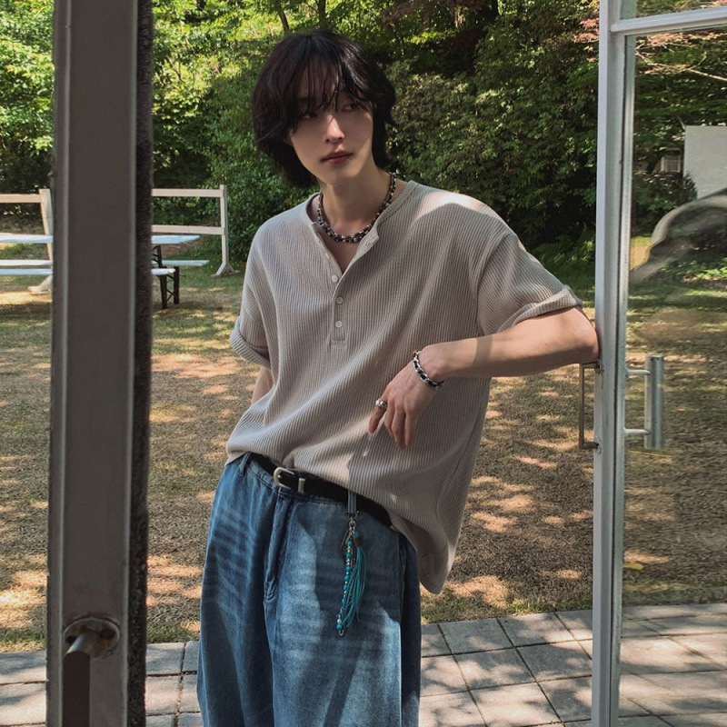 Myq Henry Collar Short-Sleeved T-Shirt Men's Summer Loose Casual Half-Sleeved T-Shirt Korean Style Work Clothing Old Money Style Trendy