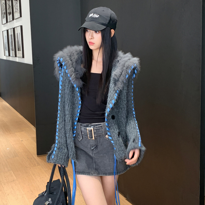 2025秋冬新款大翻领皮草毛衣外套女慵懒风拼接毛毛领飘带针织开衫|undefined