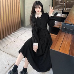 2025秋冬大码假两件法式长袖连衣裙女新款遮肉收腰过膝感长裙女装