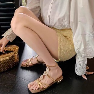 Jumei Rhinestone Chain Square Toe Open-Toe Sandals 2025 Summer New Gold Thick Heel Low Heel Thin Strap Roman Sandals