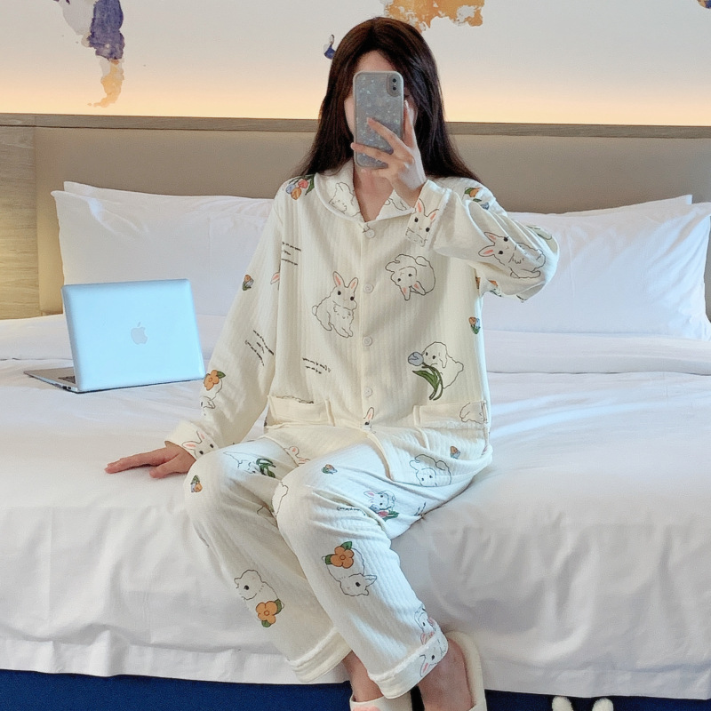 Japonés de dibujos animados pijamas las mujeres del otoño y el invierno Nuevo Aire sándwich algodón manga larga cardigan más tamaño flojo traje homewear