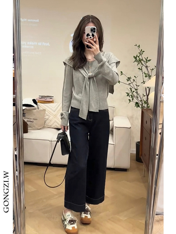 一整套入秋穿搭设计感时尚披肩针织上衣女直筒显瘦九分牛仔裤套装|undefined