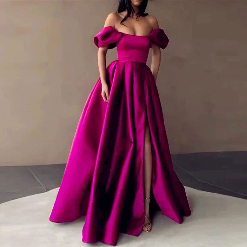 Europeo y americano Amazon AliExpress deseo nuevo vestido de cena de satén de hombro simple elegante adelgazamiento A-Line