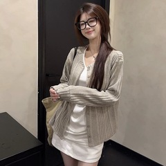 韩系老钱风正反两穿长袖针织开衫女秋季新款V领坑条气质外套上衣