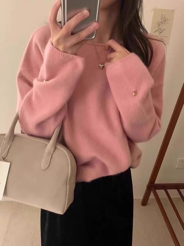 2025新款女式100%纯羊毛衫圆领长袖套头毛衣宽松慵懒范针织衫打底|undefined