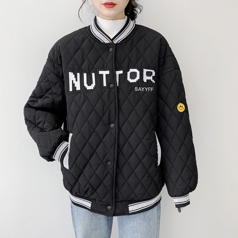 刺绣连帽夹棉菱格棒球棉服女设计感小众冬季加厚保暖棉衣袄外套