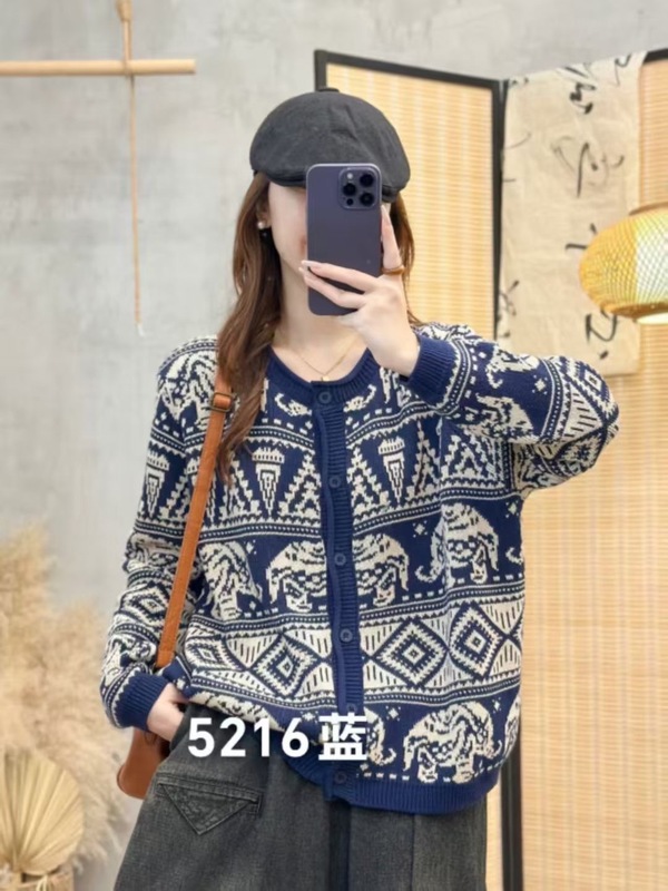 提花针织开衫女 2025秋新款复古文艺宽松圆领单排扣毛衣外套 5216|undefined