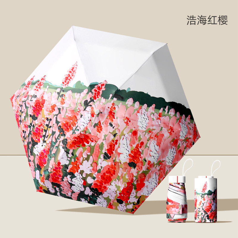 双层双花太阳伞女插画手绘风小巧便捷五折晴雨两用折叠遮阳防晒伞|undefined