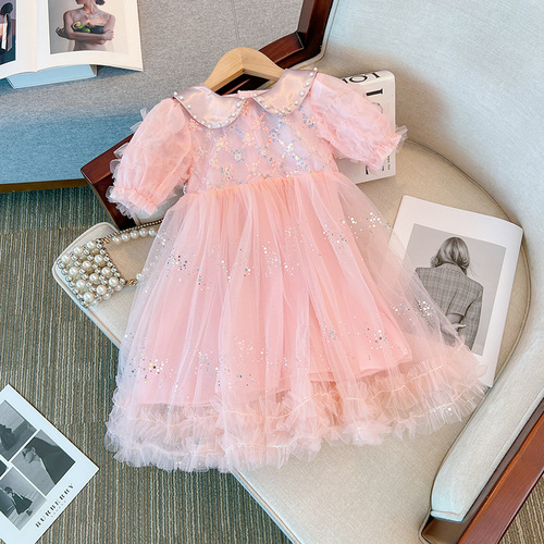 Little Girl Dress 2024 New Pearl Collar Princess Dress Children Short Sleeve Net Dress Girl Stylish Fashion Skirt