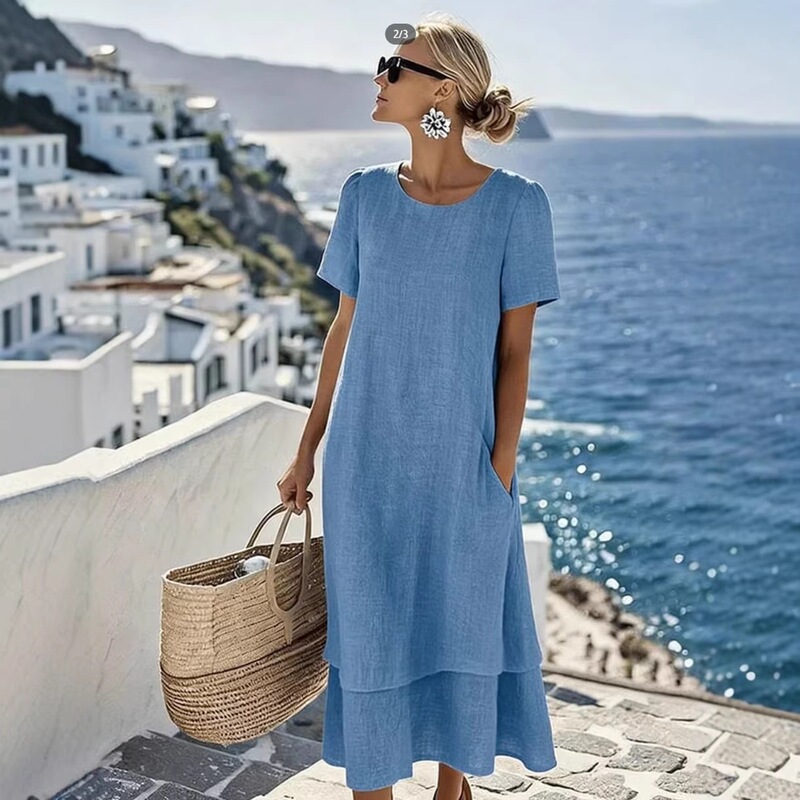 2026 European and American Cross-Border Amazon Women's Spring and Summer Vacation Casual Double-Layer Design Round Neck Short-Sleeved Dress 2026 European and American Cross-Border Amazon Women's Spring and Summer Vacation Casual Double-Layer Design Round Neck Short-Sleeved Dress