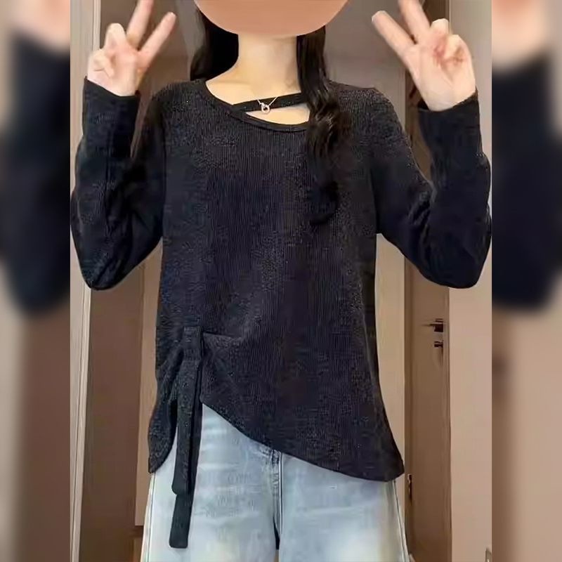 패션 불규칙 할로우 아웃 정어깨 긴팔 티셔츠 여성 2026 가을 신상품 빅사이즈 뚱뚱한 MM 심플 슬림핏 상의