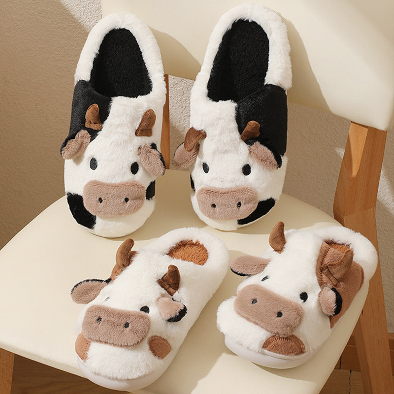 Comfortable Girl's Home Warm Plush Female Autumn and Winter Couple Student Dormitory Soft Cute Cow Non-Slip Cotton Slippers Wholesale