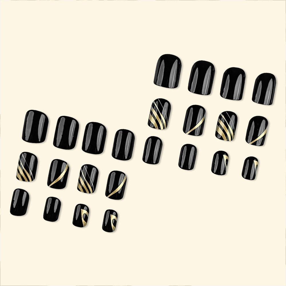 Ventas transfronterizas de líneas de oro negro manicuras retro estilo de alto rendimiento desgaste de uñas cortas 24 piezas empaquetadas parches de uñas terminados