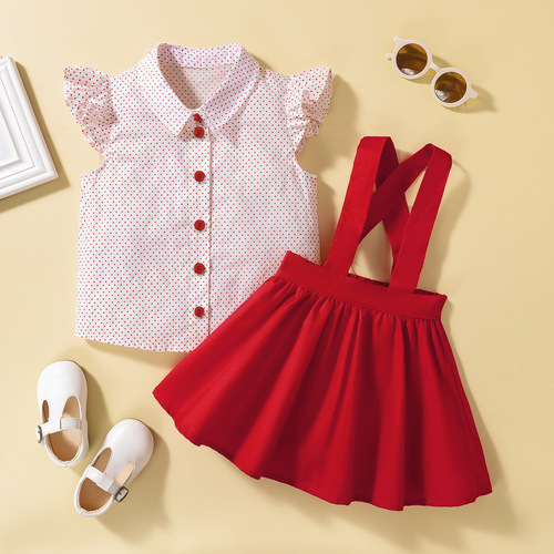 Children's Summer Polka Dot Lapel Top Baby Suspender Pleated Skirt Western Style Two-piece Set