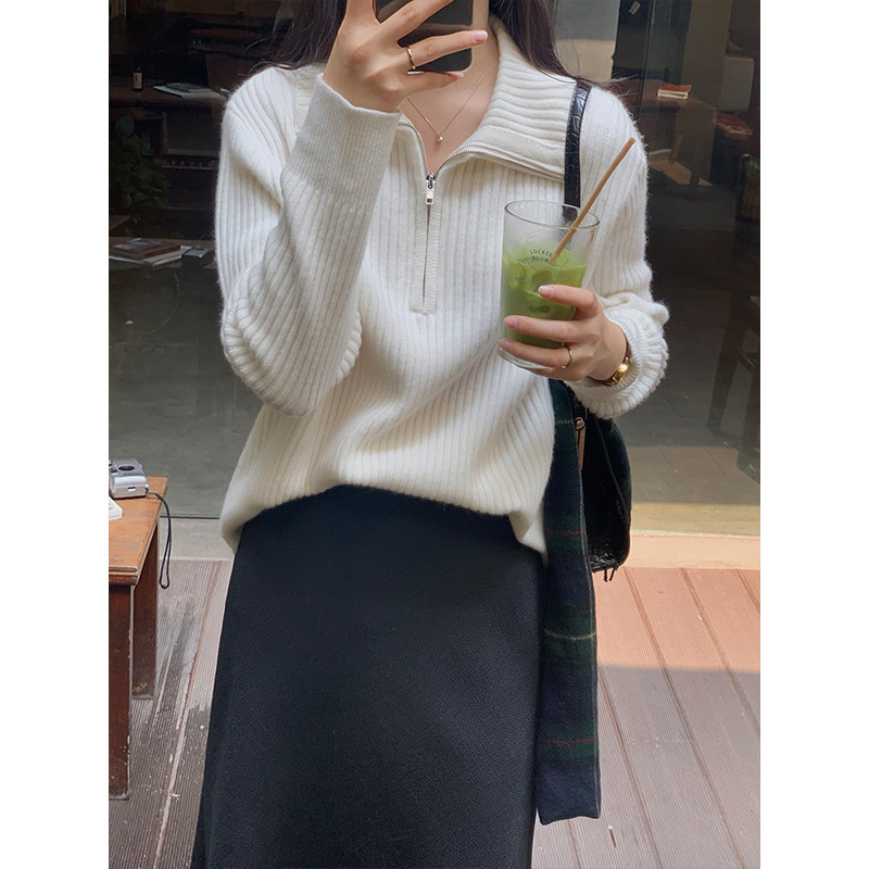 秋冬新款拉链毛衣针织衫女宽松外穿打底洋气上衣设计感小众|undefined