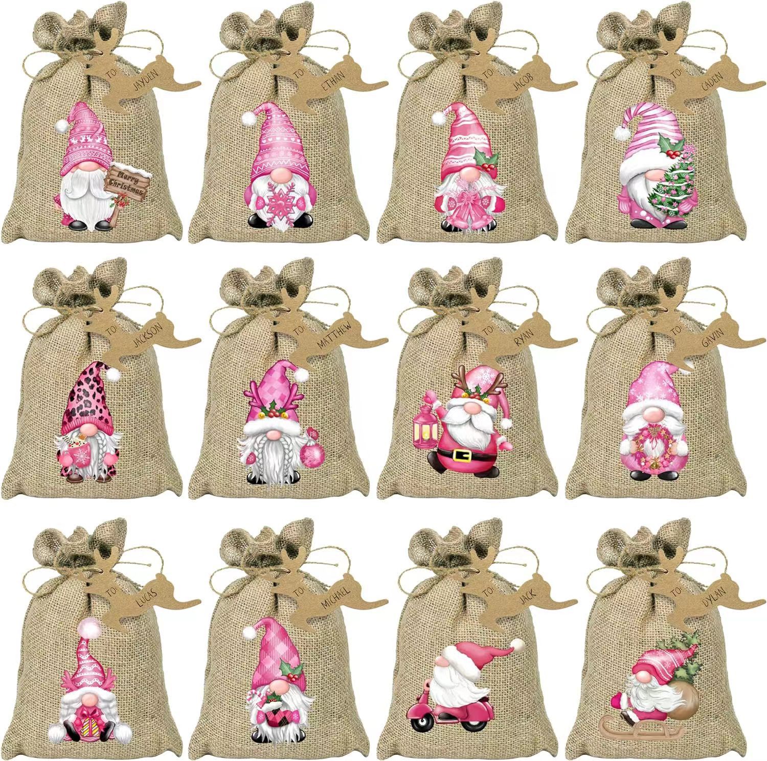 (크리스마스 세트 스타일 2);13*18(24 피스 세트);24 가방, 24 태그, 10m 대마 로프
