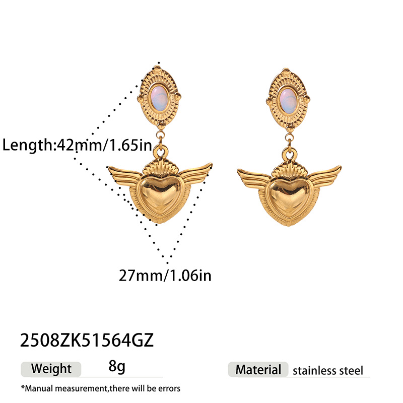 TENA estilo francés antiguo amor colgante de piedra natural pendientes de lujo ligero retro acero inoxidable orejas doradas para mujeres