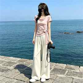 深圳南油轻熟风圆领短袖上衣阔腿裤两件套女2026夏季宽松休闲套装