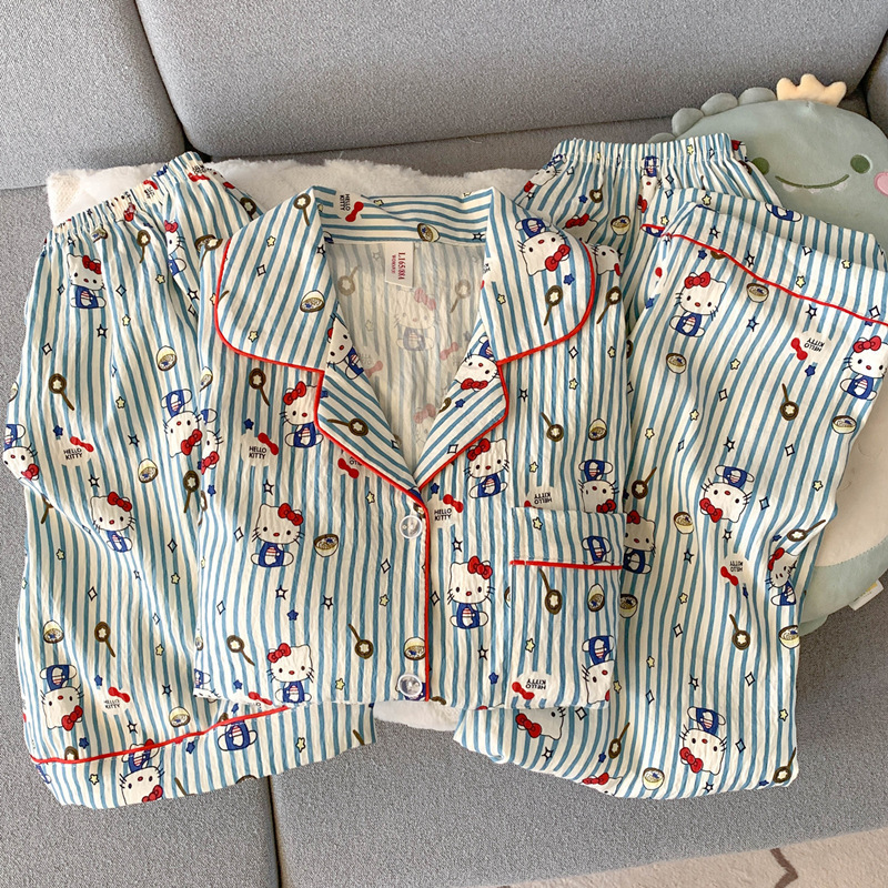 Japonés helloKitty nube de algodón puro pijamas de pareja verano de manga corta para mujer servicio a domicilio de tres piezas para hombre