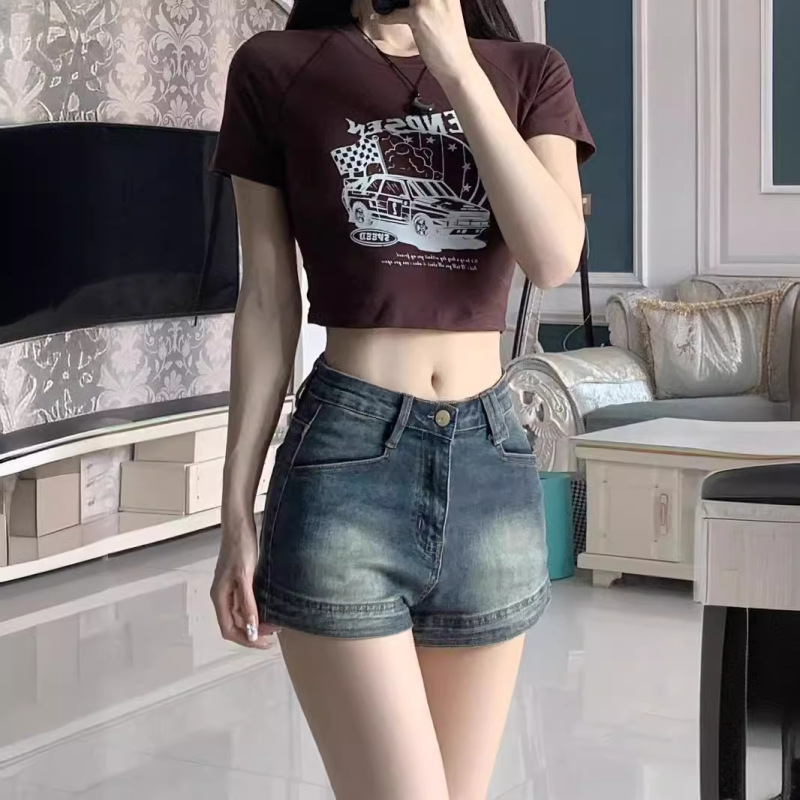 アメリカのデニムの半ズボンの女性のハイウエストの弾力性のあるホットパンツの夏のストレートの百合は足の長いレトロな水洗いの潮流を現して外に着ます。|undefined