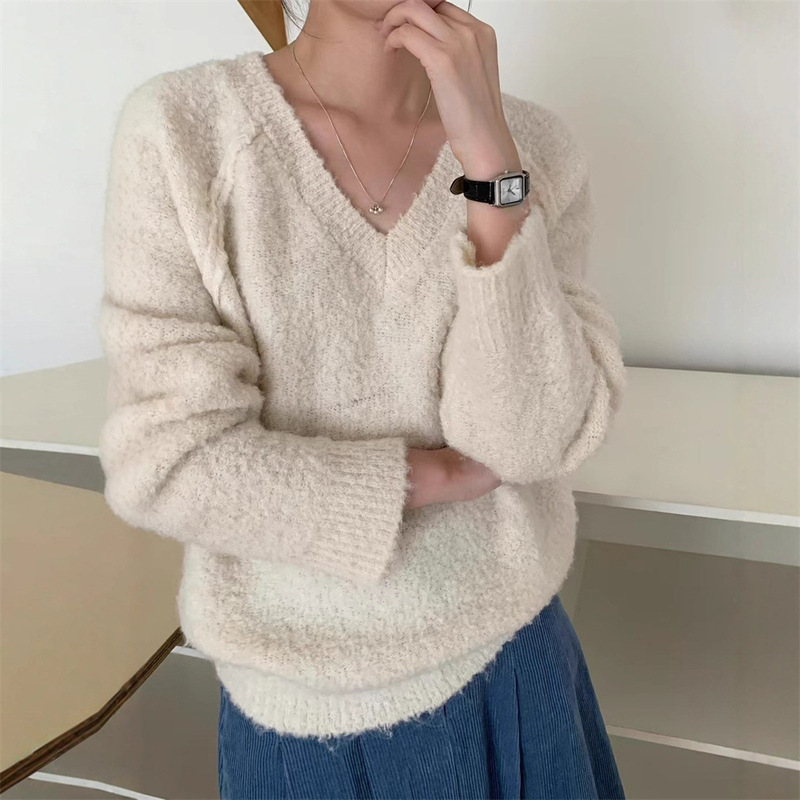 韩系温柔风V领毛衣女外穿秋冬新款软糯圈圈纱显瘦气质针织衫上衣|undefined