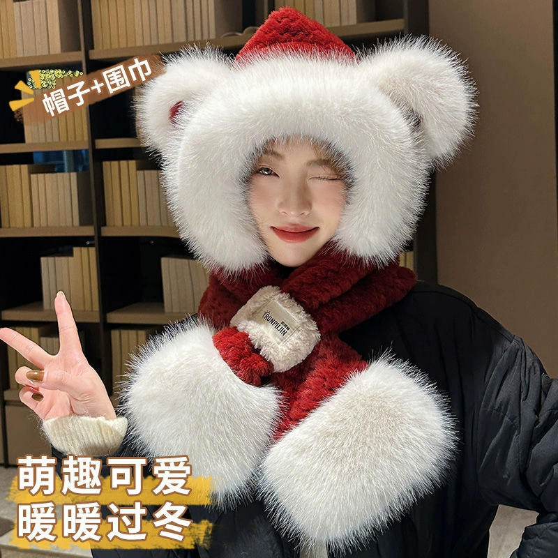 Шапка женская 2025: новая осенне-зимняя модель с интегрированным шарфом, капюшоном, милым медвежонком, утепленная, для велоспорта, с защитой ушей, плюшевая