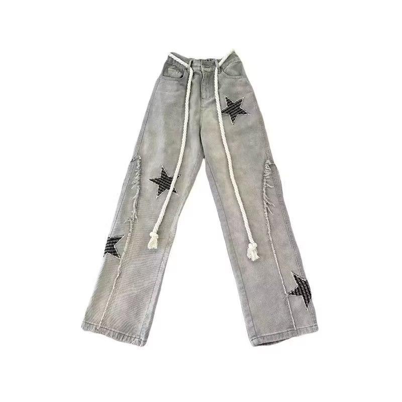 High Street Flared Ripped Light Blue Jeans Couple Loose Patchwork Casual Pants Men Hip Hop 2025 Trend_viptrois.com